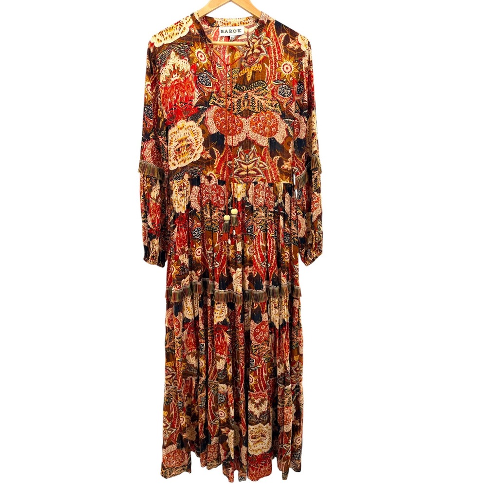 Barok Paris Boho Paisley Tiered Maxi Dress Gold Fringe Tassels M/L Festival‎